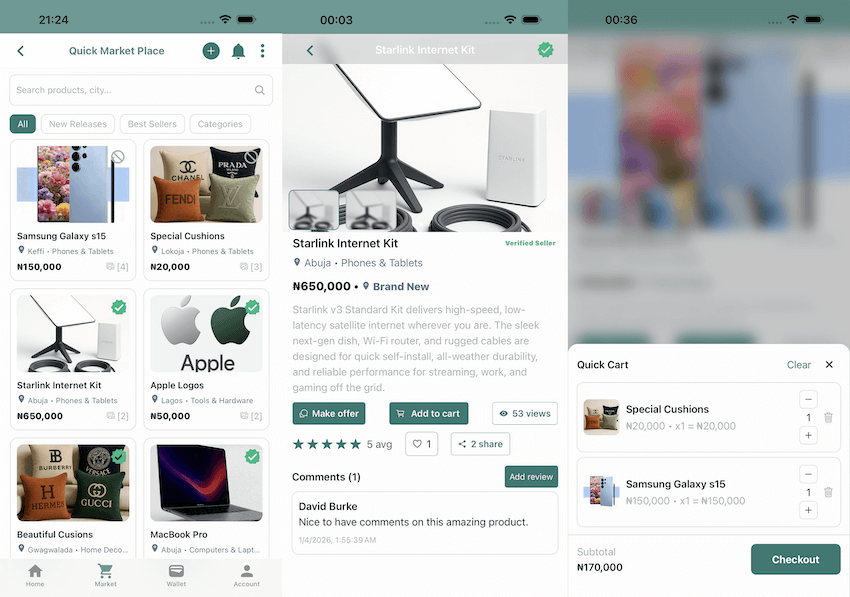 BuyQuick escrow marketplace product listings with prices and seller locations