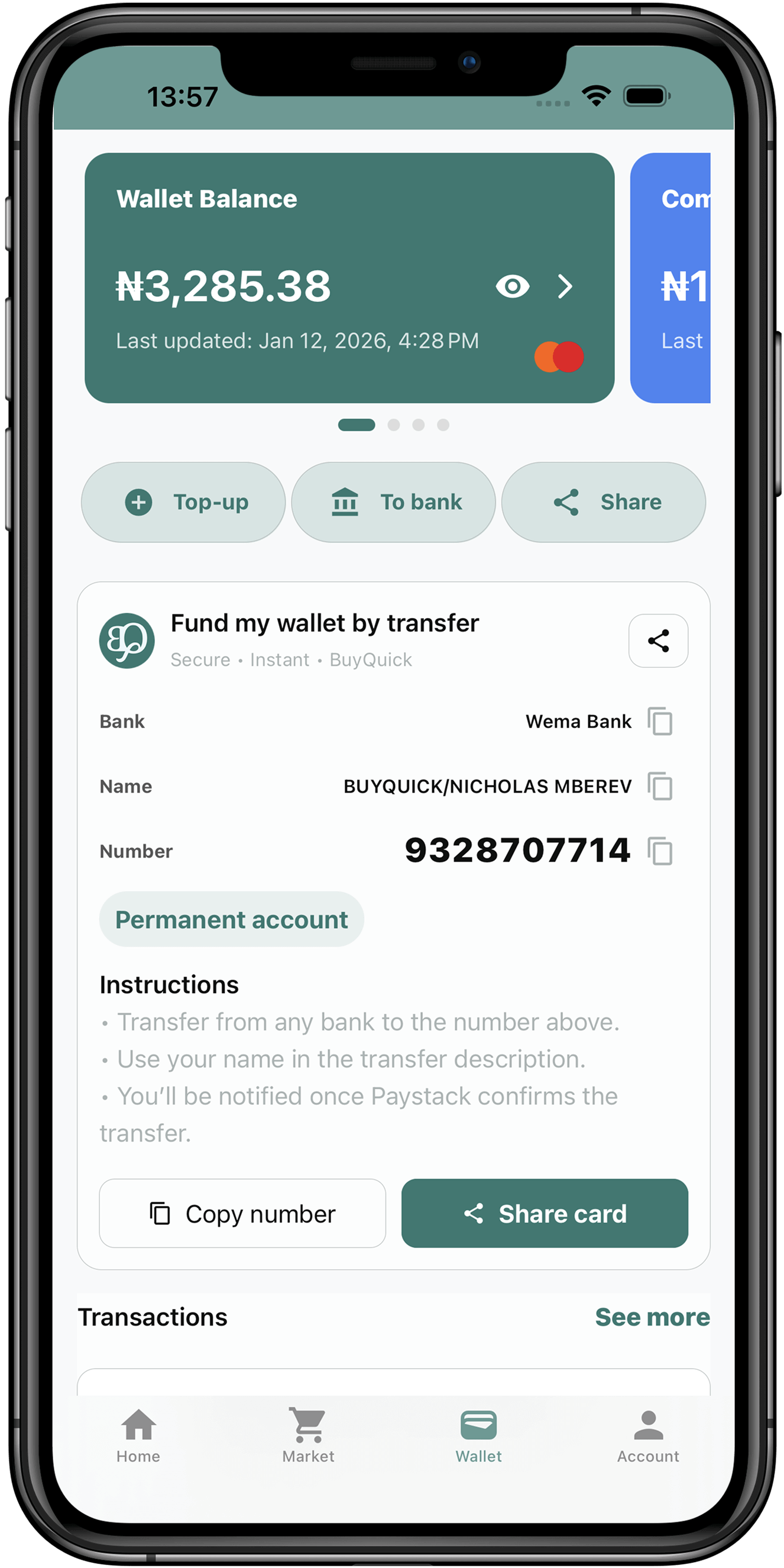 Sending an instant bank transfer from the BuyQuick wallet