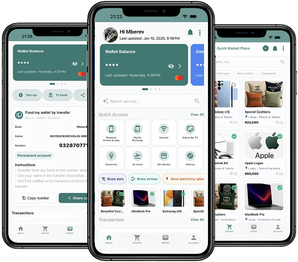BuyQuick mobile app screens showing wallet balance, bill payment services and the escrow marketplace